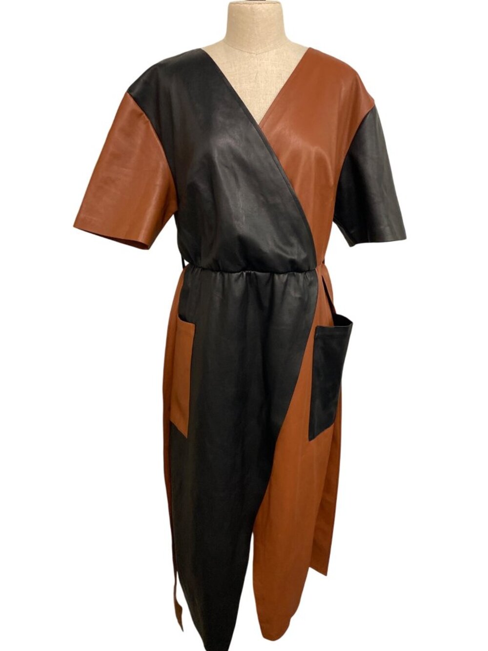 Eloquii Womens Faux Leather Wrap Dress With Belt & Pockets Size 16 Black & Brown